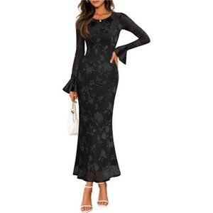 Women's Bell Long Sleeve Floral Maxi Dress Black